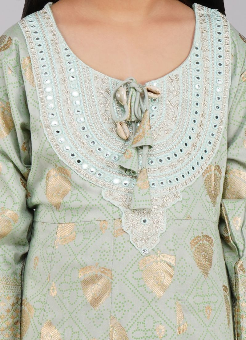 Kids Mint Green Rayon Anarkali Suit Set - Image 5