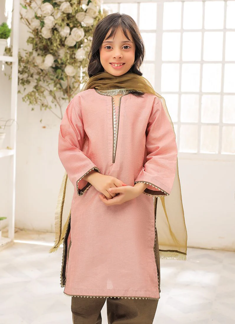 Kid's Pink-Mehendi Raw Silk Suit Set - Image 3