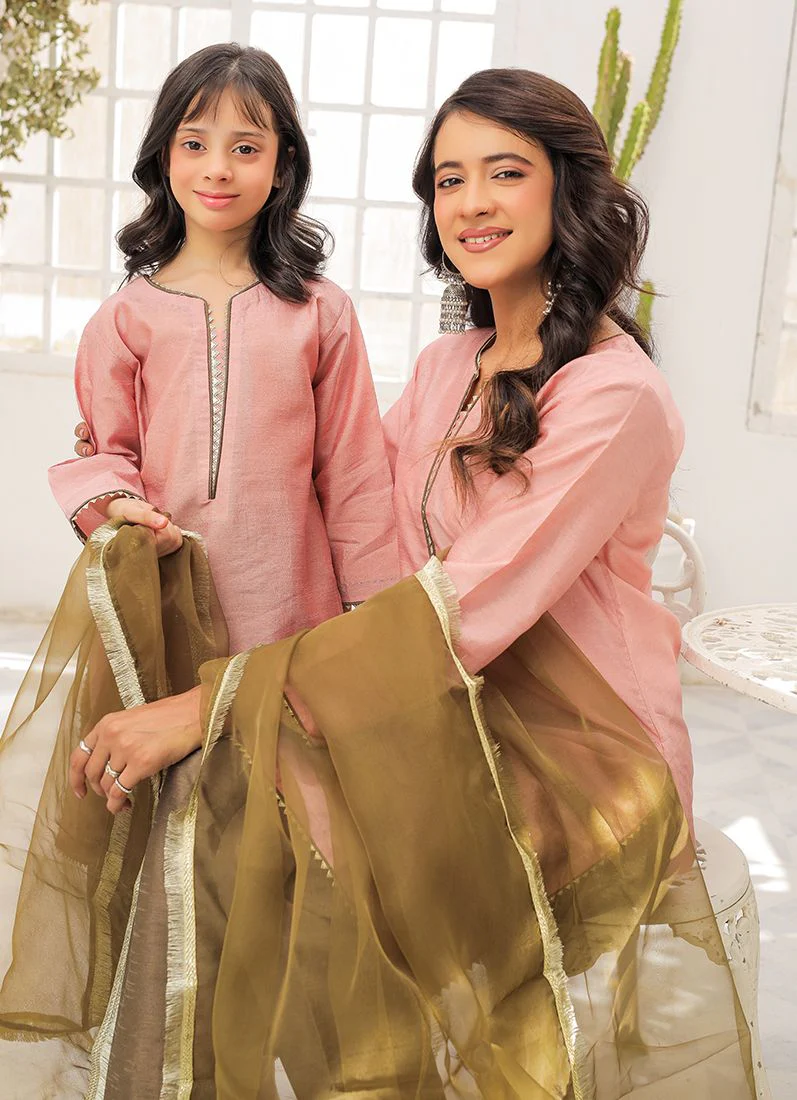 Kid's Pink-Mehendi Raw Silk Suit Set - Image 4