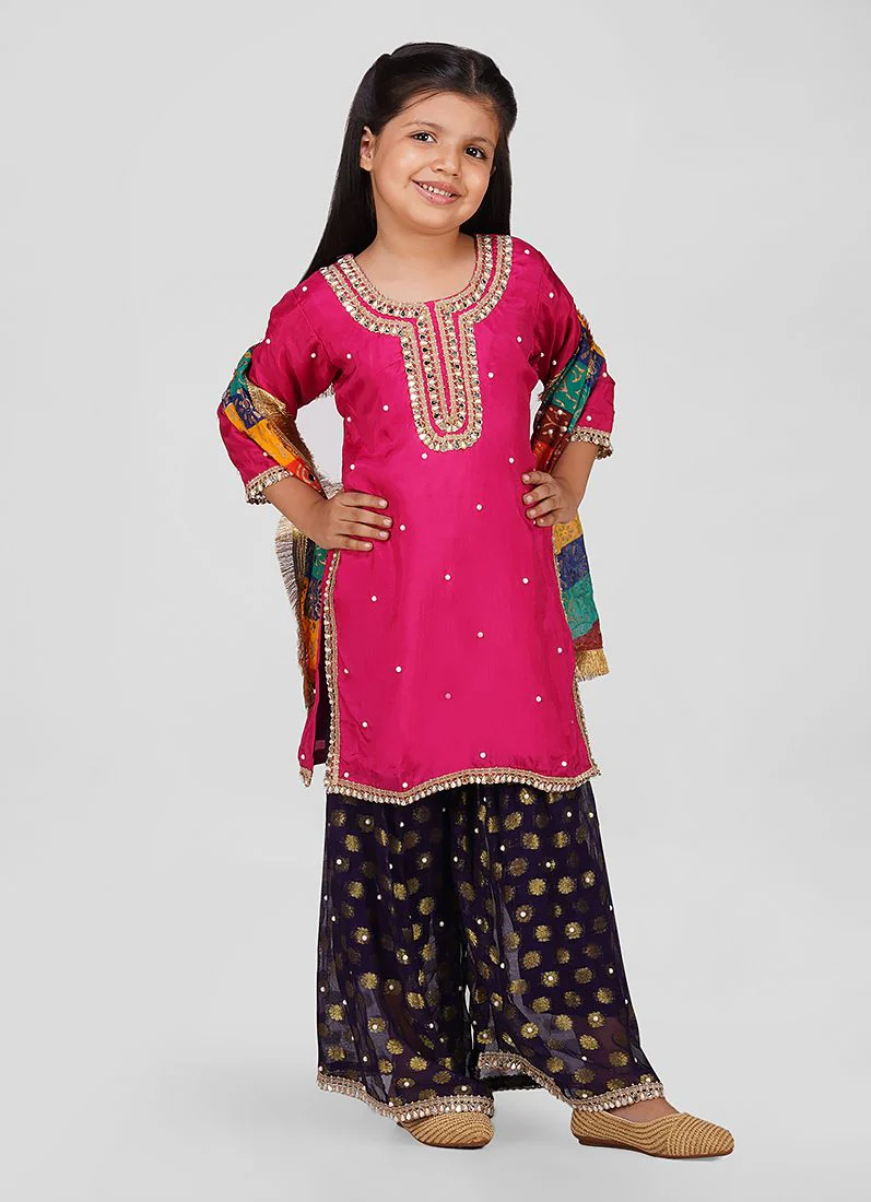 Kids Pink Silk Top Multicoloured Emnroidered Dupatta Suit Set - Image 3