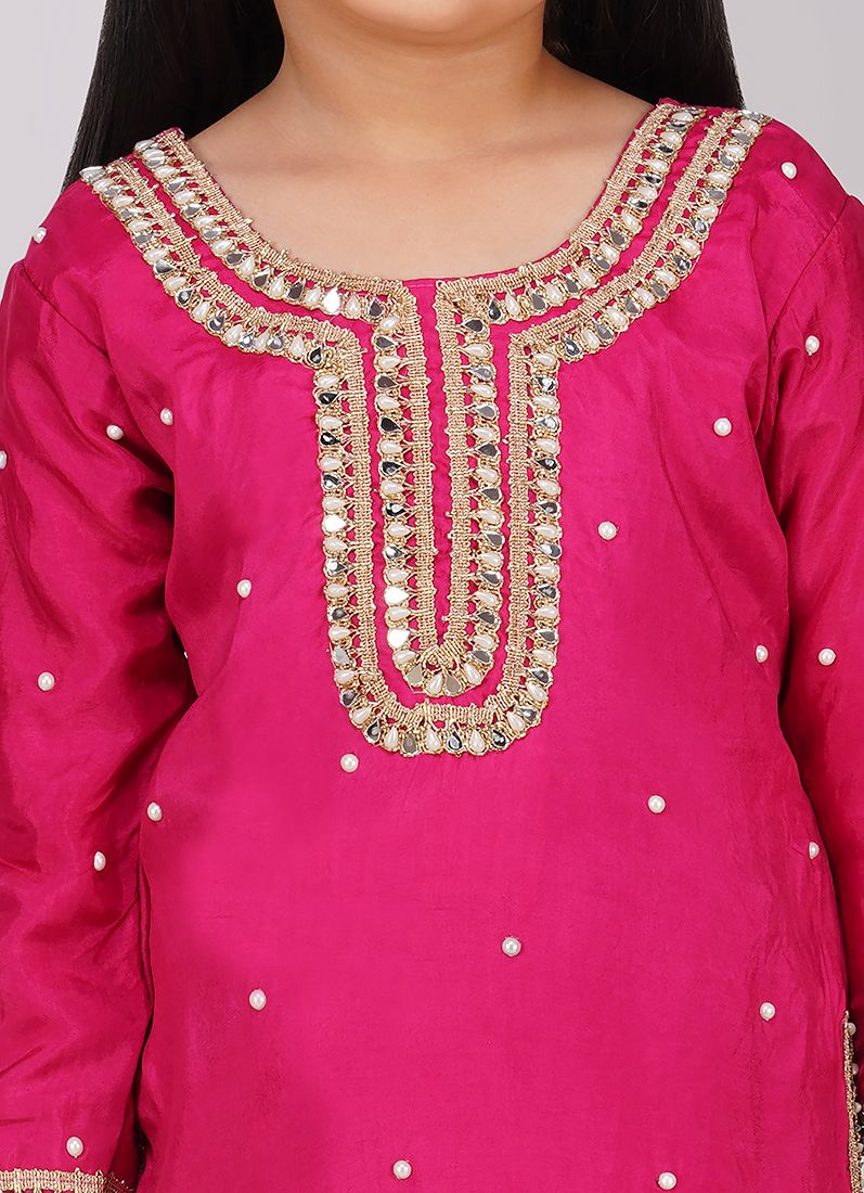 Kids Pink Silk Top Multicoloured Emnroidered Dupatta Suit Set - Image 4