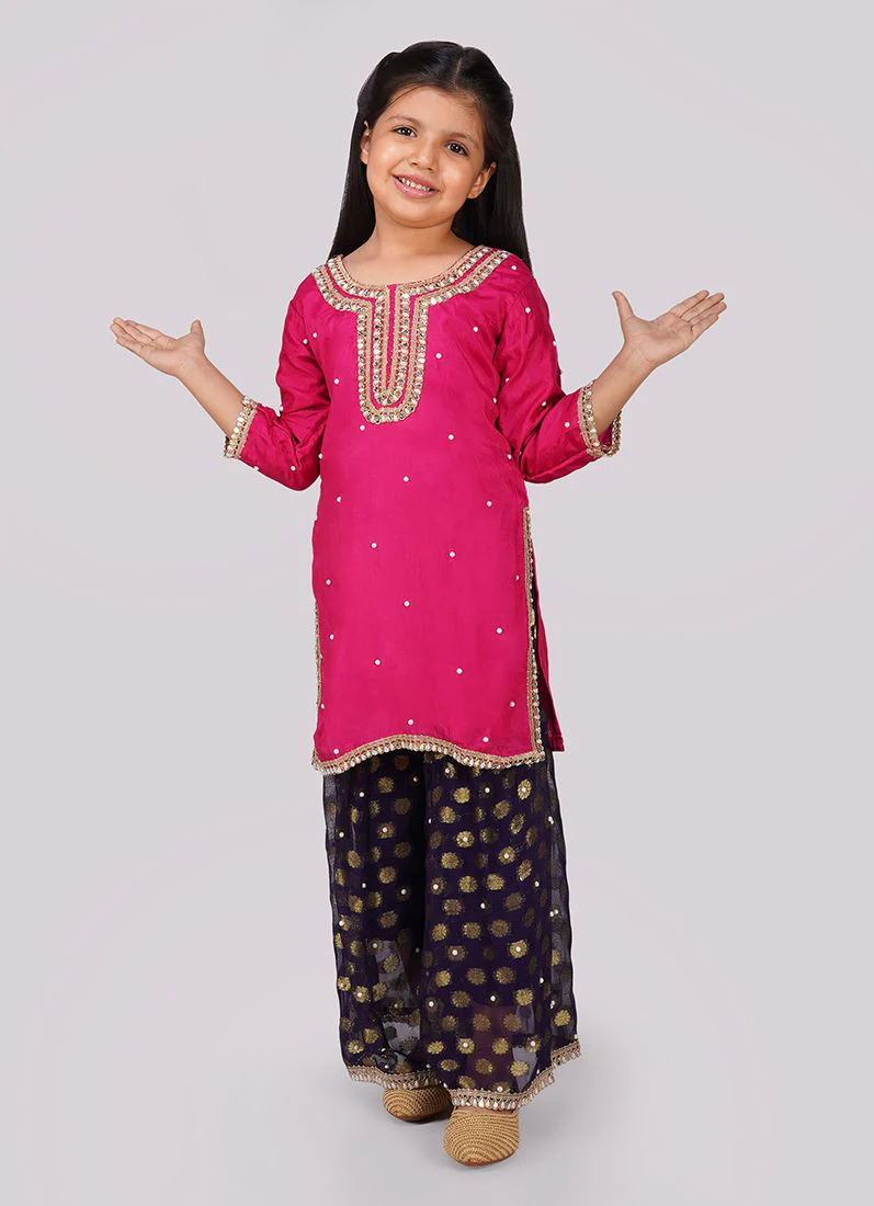 Kids Pink Silk Top Multicoloured Emnroidered Dupatta Suit Set - Image 5