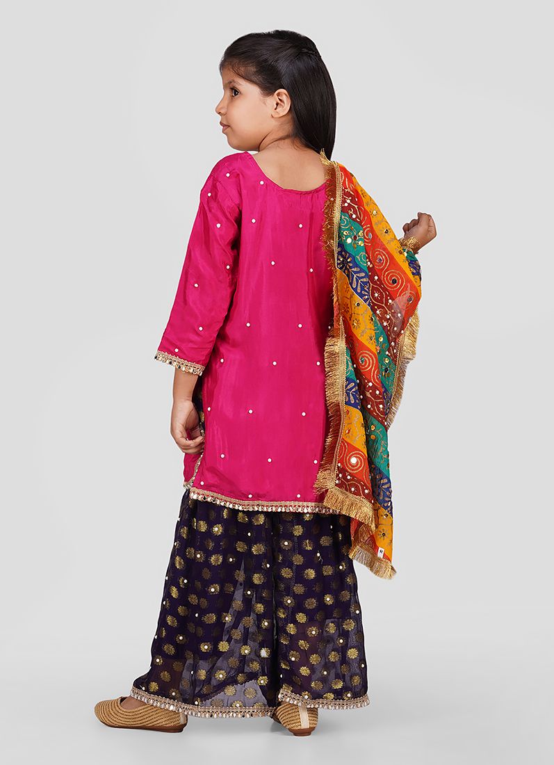 Kids Pink Silk Top Multicoloured Emnroidered Dupatta Suit Set - Image 6