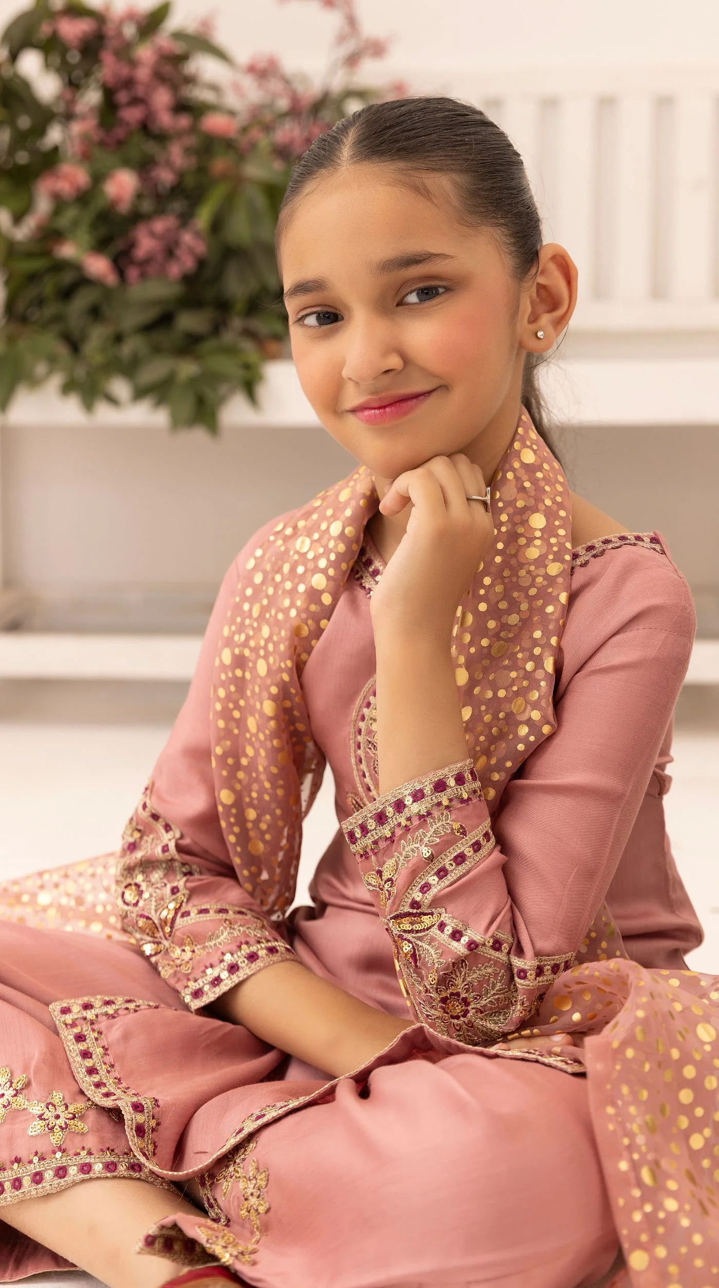 Kid's Dusty Pink Viscose Embroidered Kurta Palazzo Set - Image 3