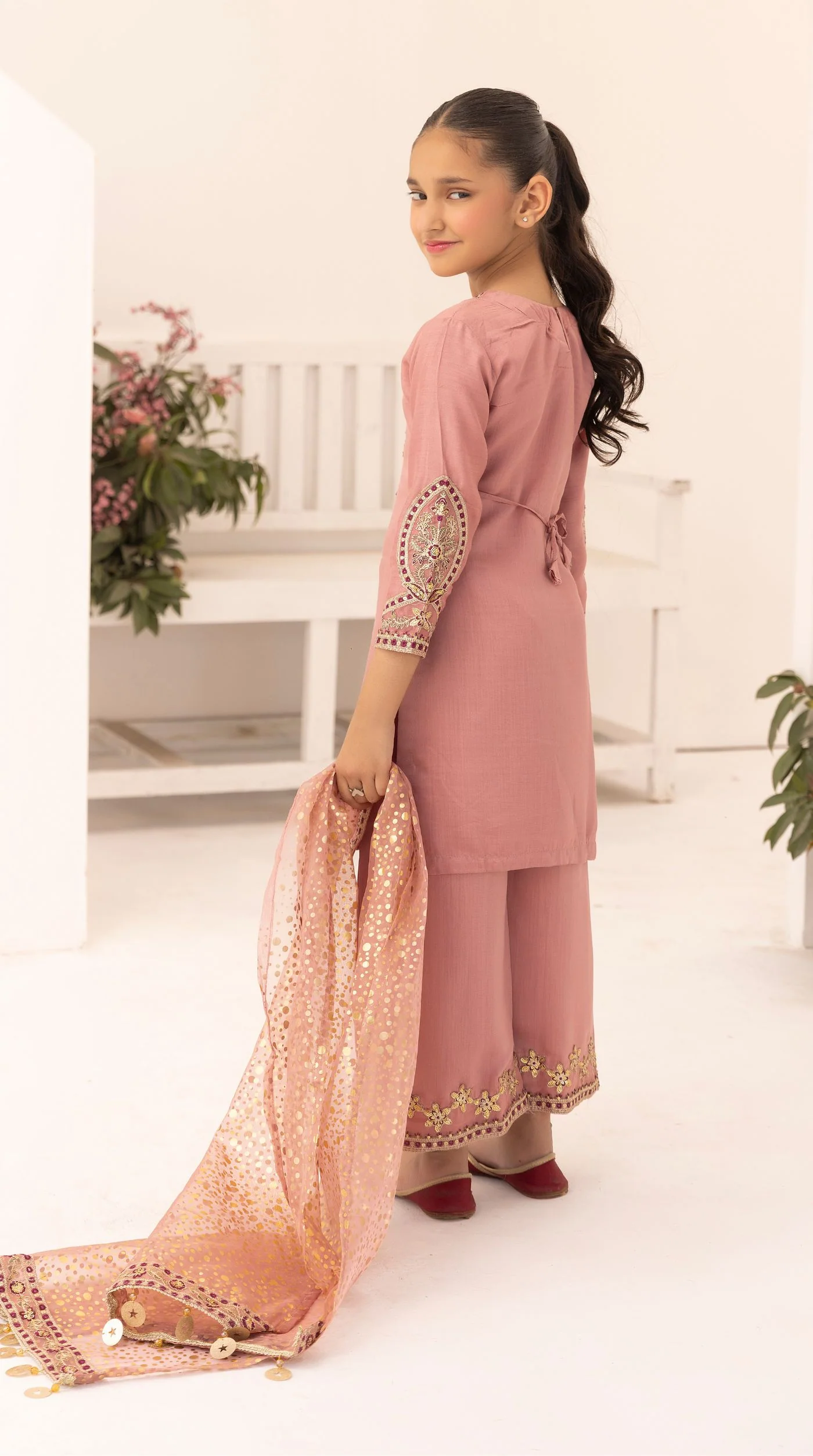 Kid's Dusty Pink Viscose Embroidered Kurta Palazzo Set - Image 4