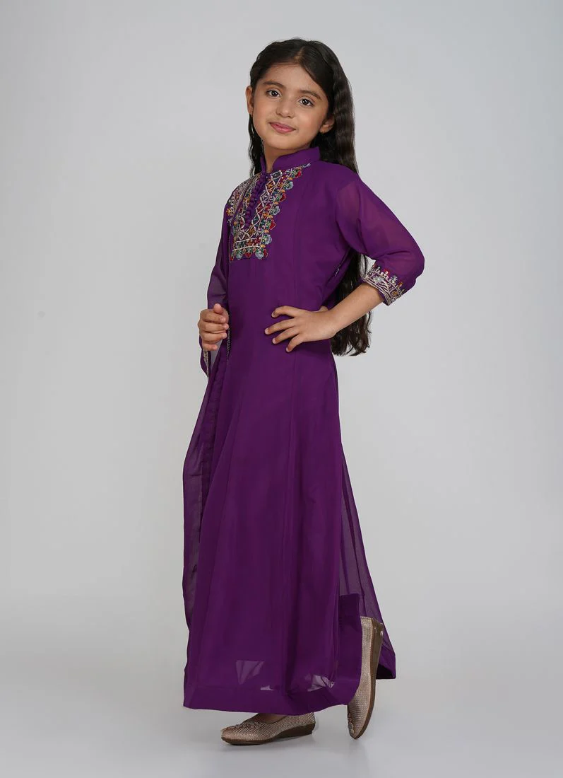 Kids Purple Bias Cut Embroidery Suit Set - Image 3