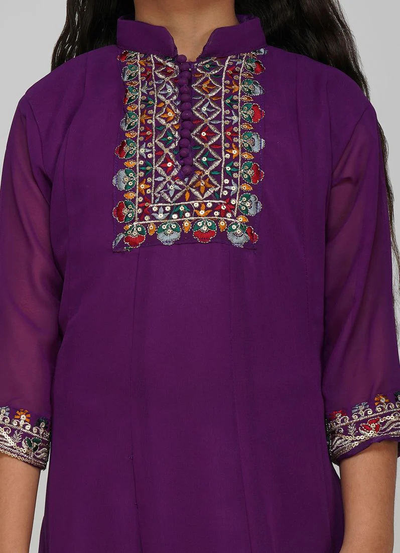 Kids Purple Bias Cut Embroidery Suit Set - Image 4