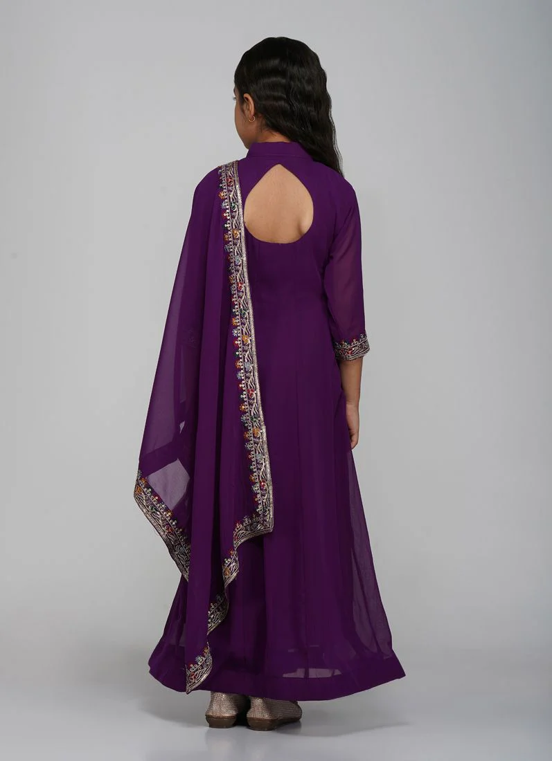 Kids Purple Bias Cut Embroidery Suit Set - Image 5