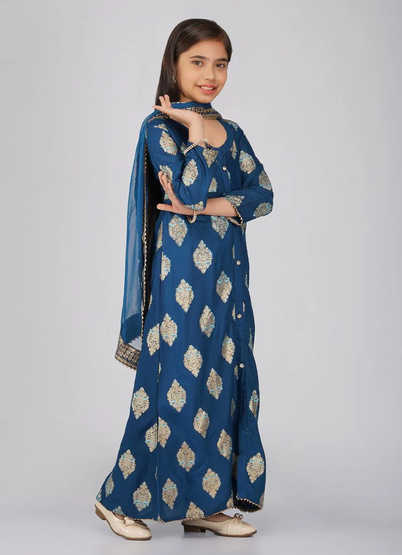Kids Teal Rayon Printed A-Line Suit Set - Image 3