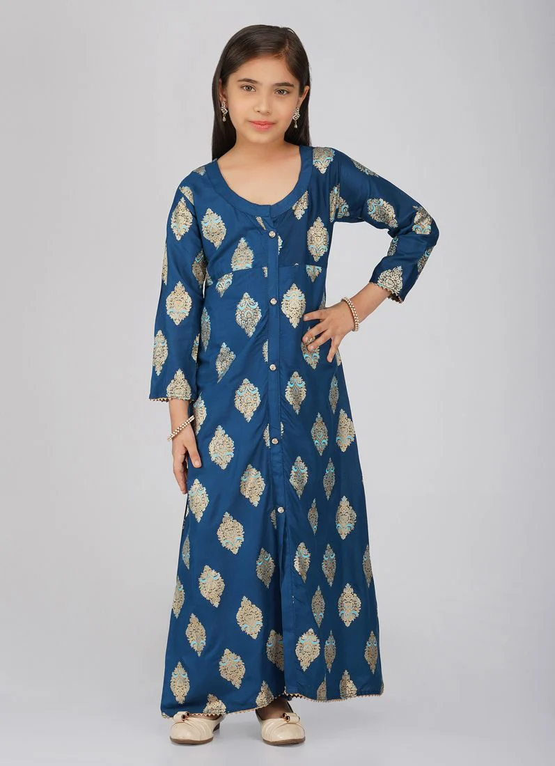 Kids Teal Rayon Printed A-Line Suit Set - Image 4