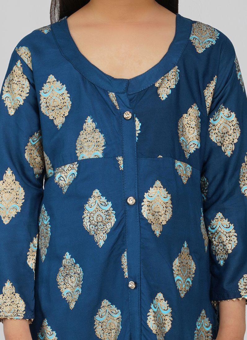 Kids Teal Rayon Printed A-Line Suit Set - Image 5