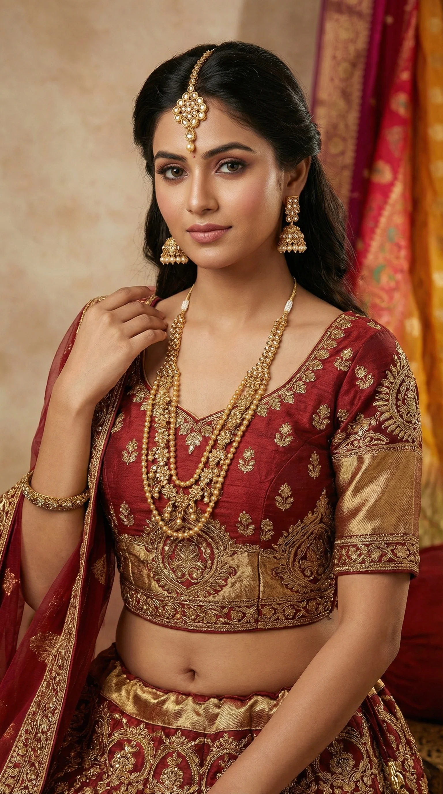 Stunning 3-Tier Gold Kundan Necklace Set - Image 3