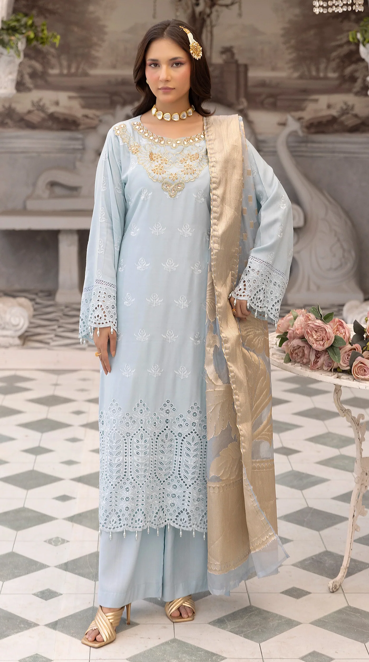 Women’s Light Blue Chikankari Embroidered Suit with Jacquard Dupatta - Image 2