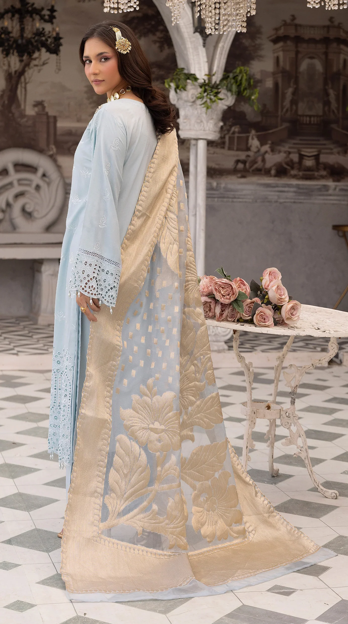 Women’s Light Blue Chikankari Embroidered Suit with Jacquard Dupatta - Image 3