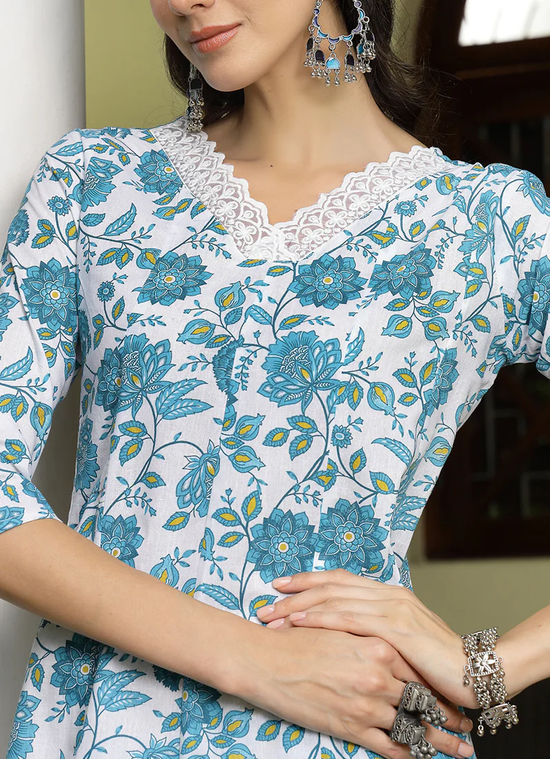 Light Blue Cotton Bias Cut Printed Suit - Image 2