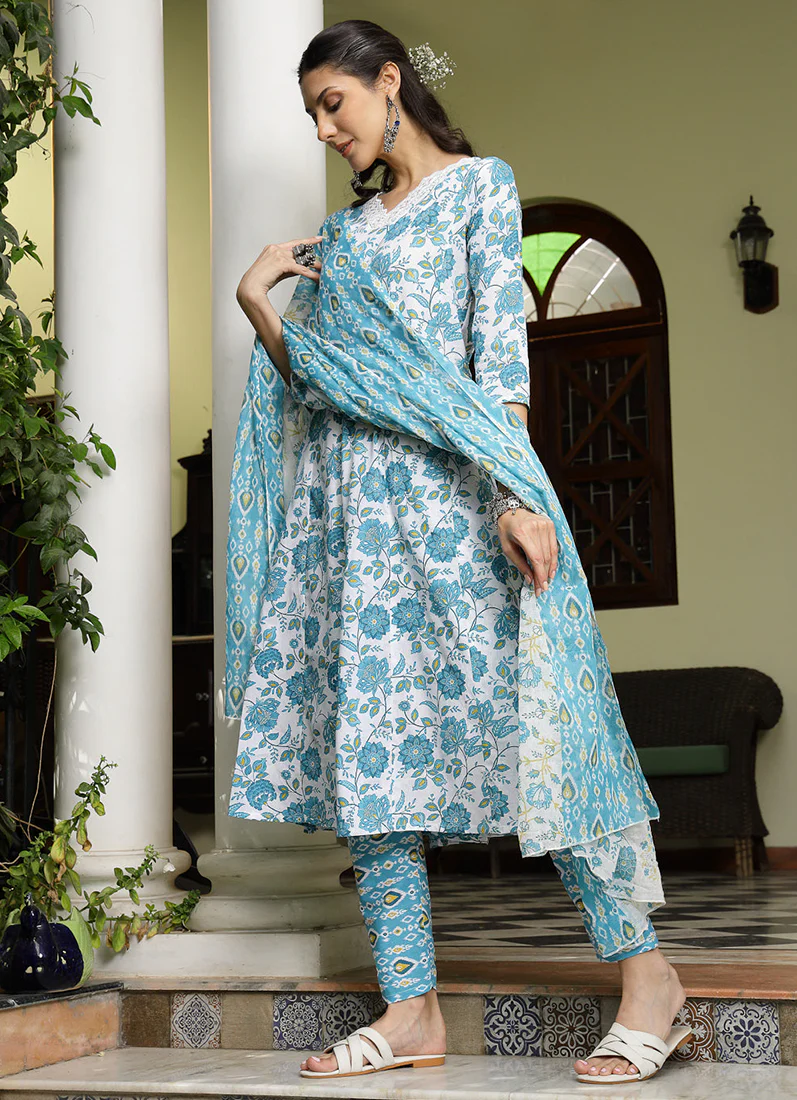 Light Blue Cotton Bias Cut Printed Suit - Image 3