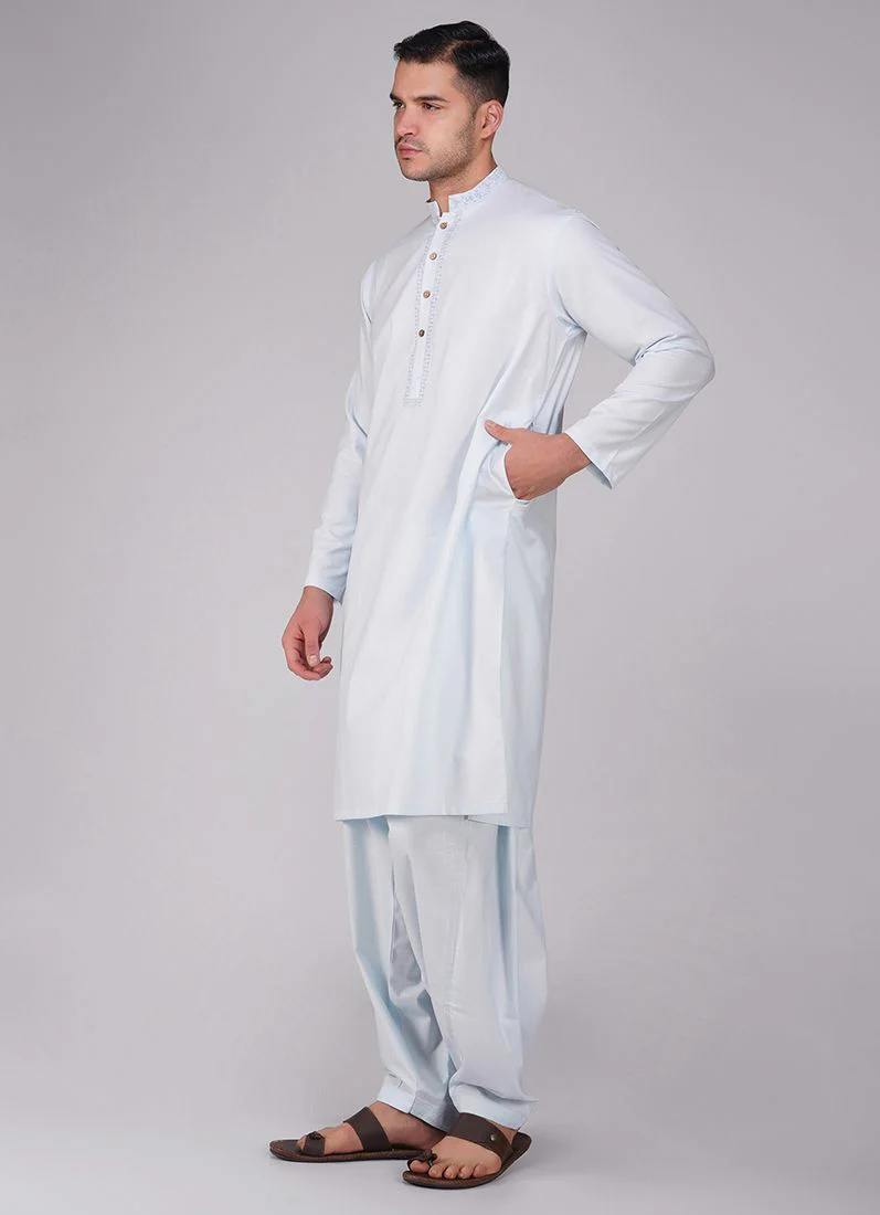 Light Blue Cotton Kurta Salwar Set - Image 2