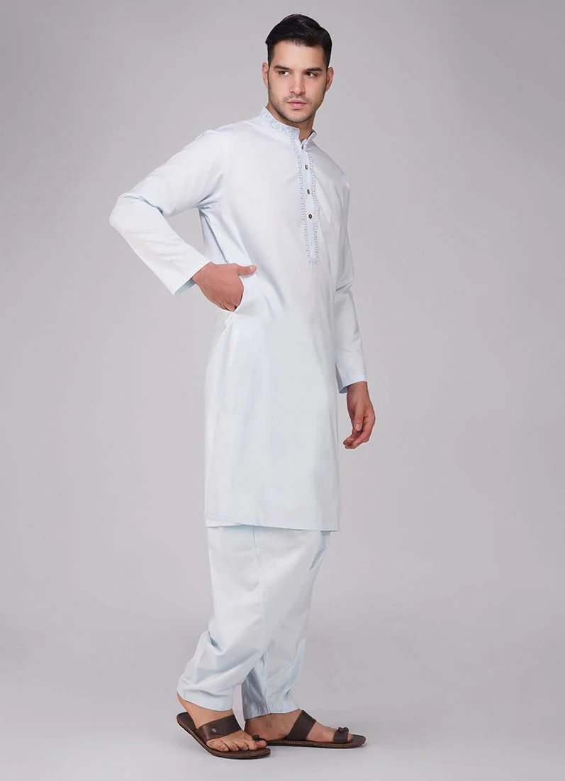 Light Blue Cotton Kurta Salwar Set - Image 3