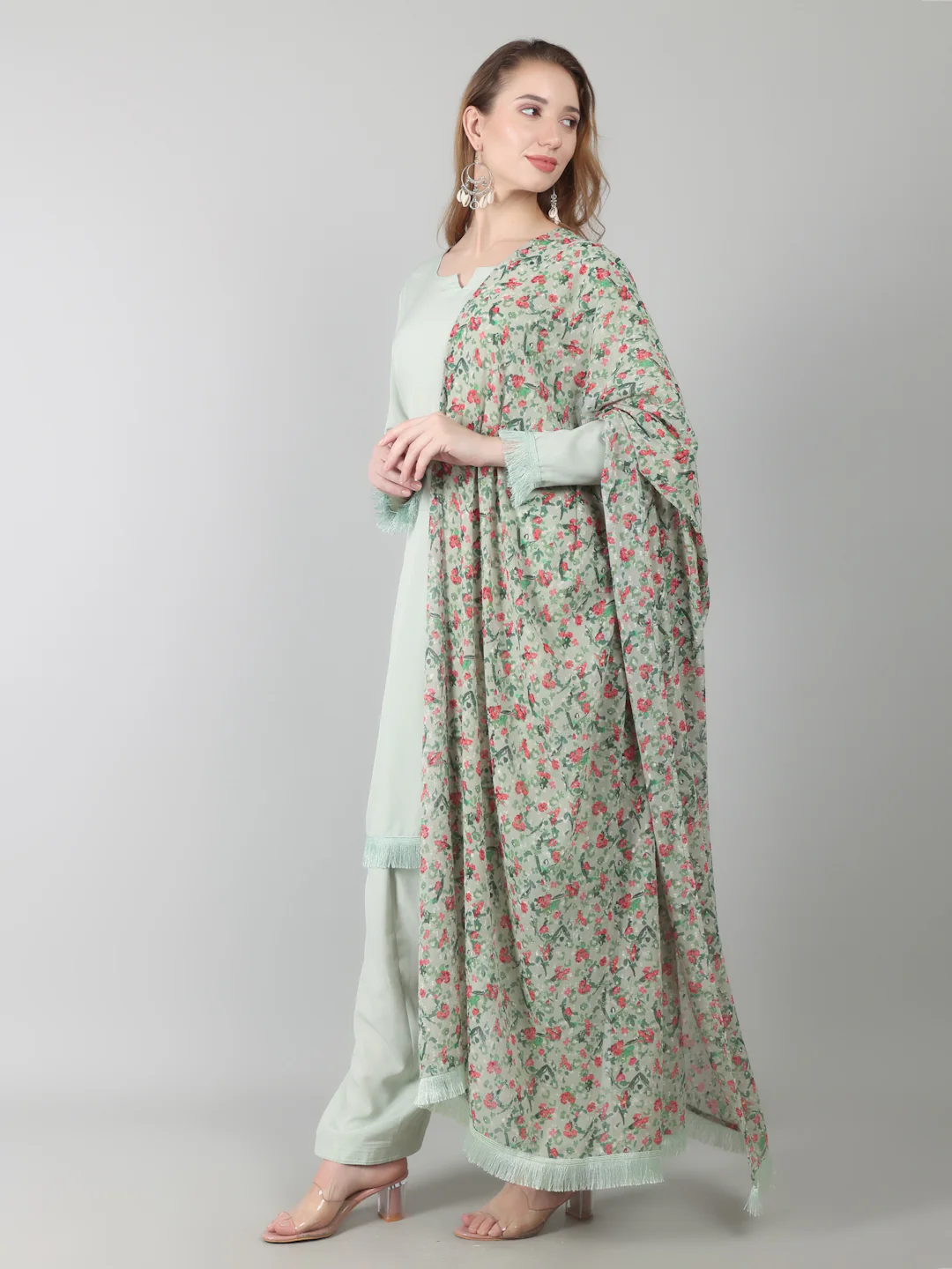 Light Green Printed Dupatta Suit Set - Image 3