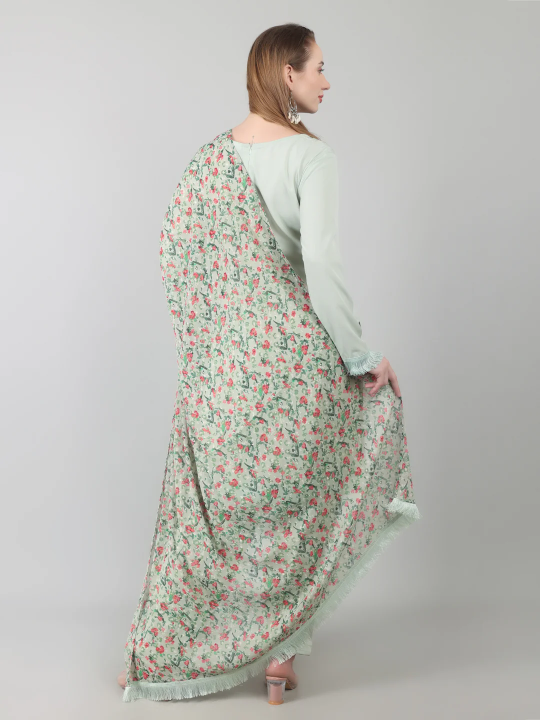 Light Green Printed Dupatta Suit Set - Image 4