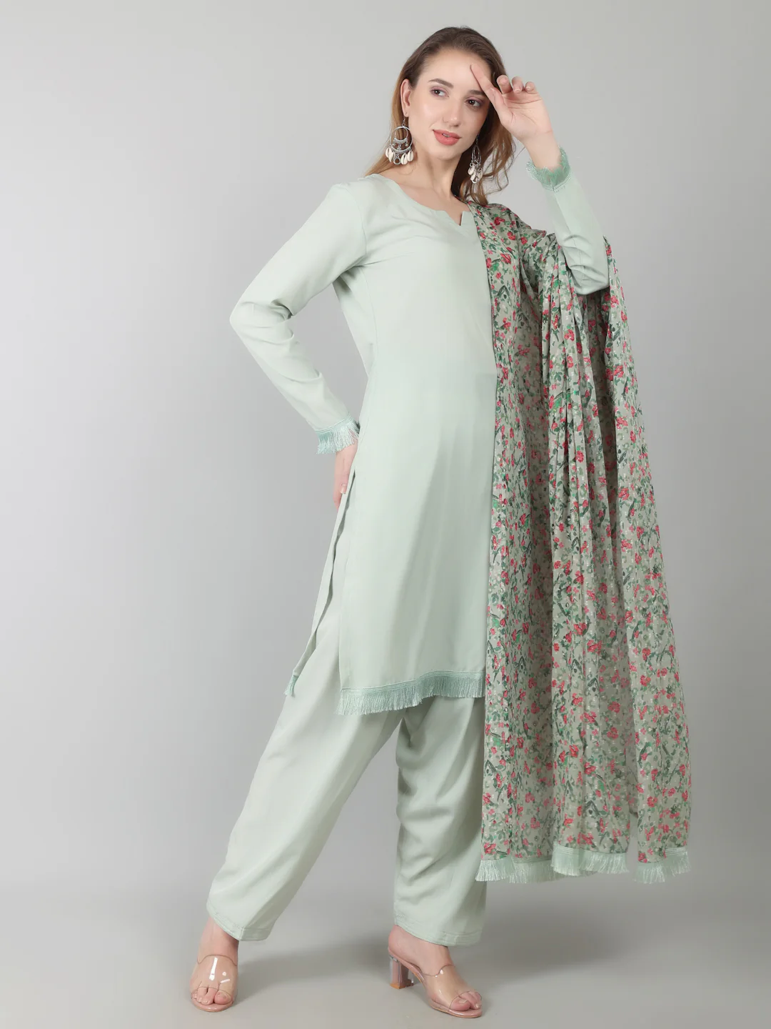 Light Green Printed Dupatta Suit Set - Image 7