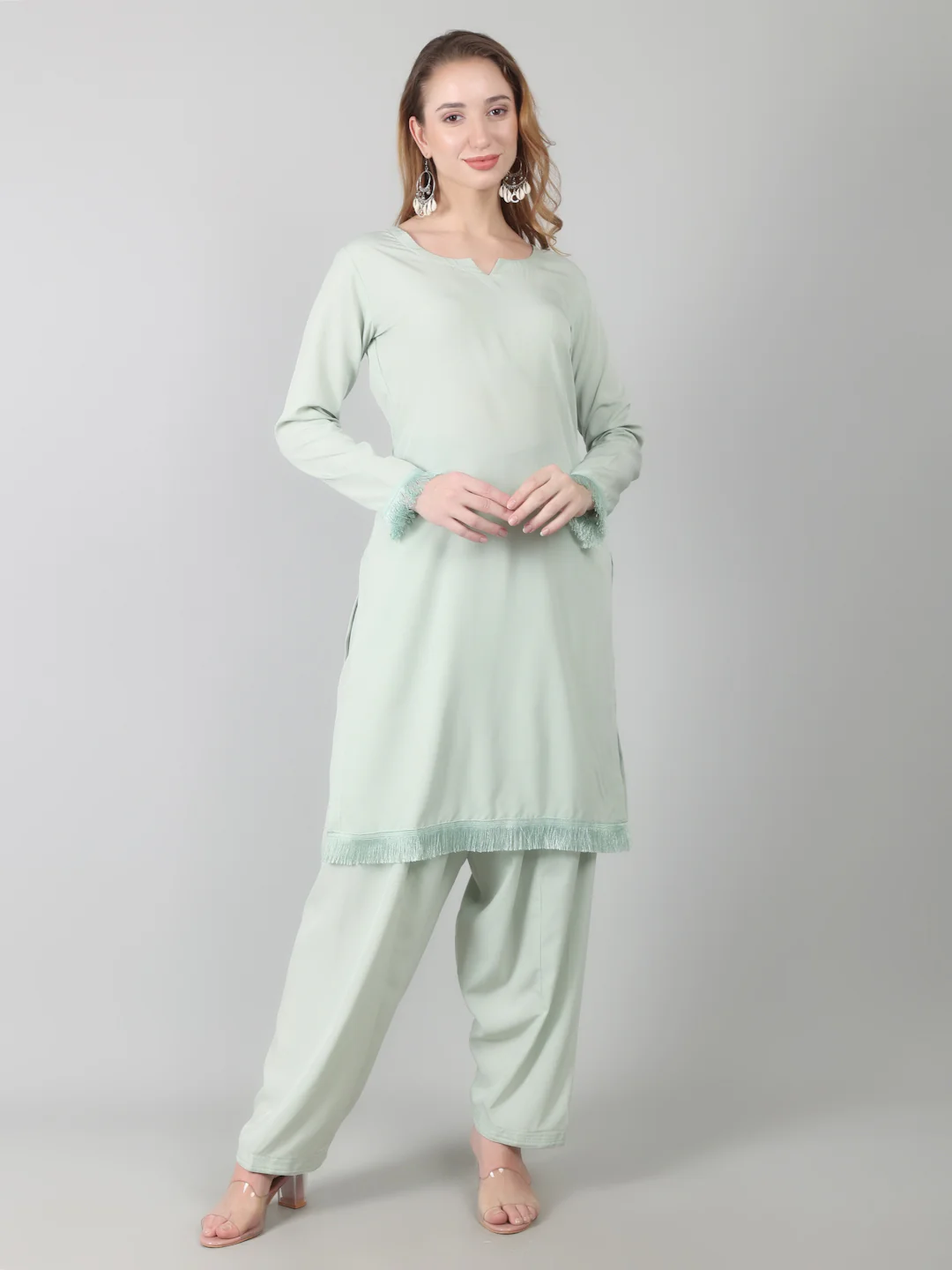 Light Green Printed Dupatta Suit Set - Image 9