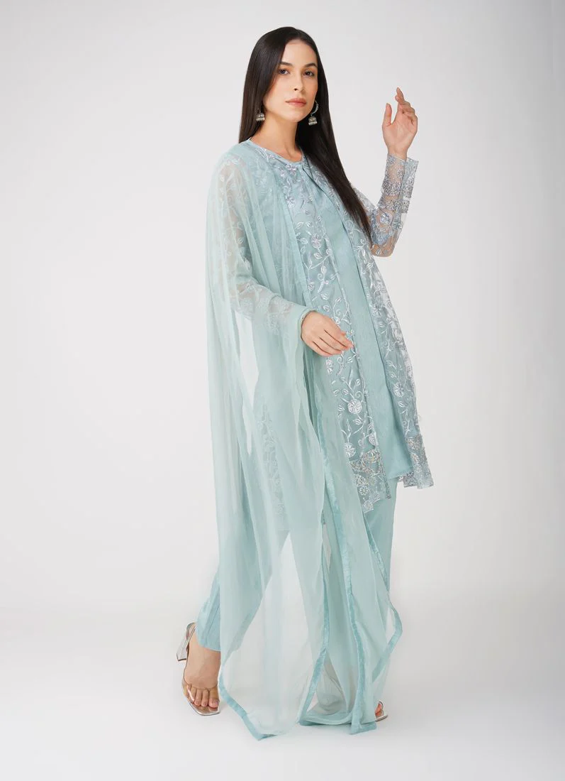 Light Blue Resham Embroidery Jacket Suit Set - Image 3