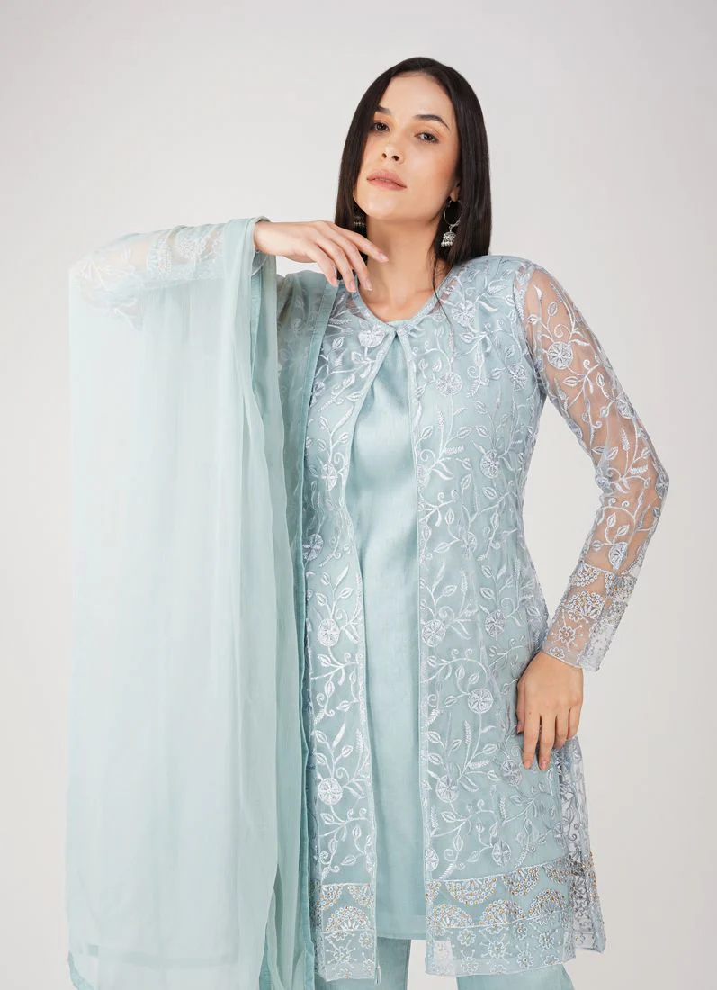 Light Blue Resham Embroidery Jacket Suit Set - Image 4