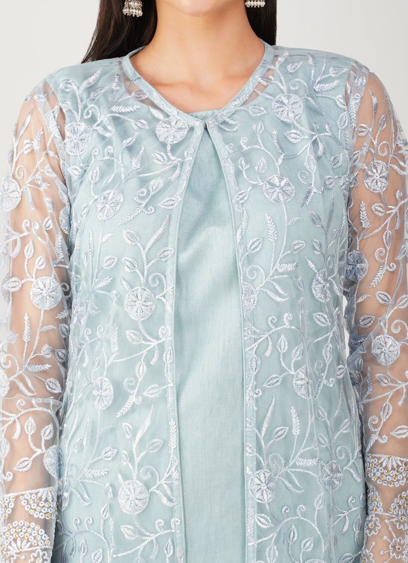 Light Blue Resham Embroidery Jacket Suit Set - Image 5