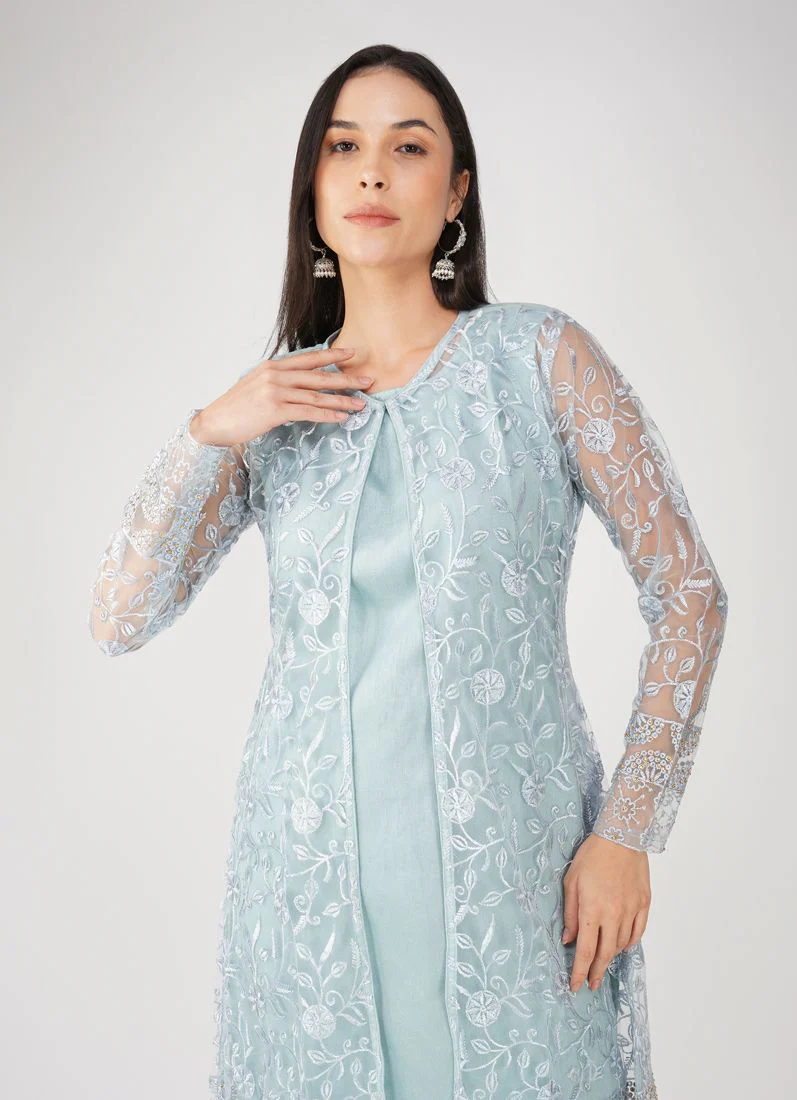 Light Blue Resham Embroidery Jacket Suit Set - Image 6