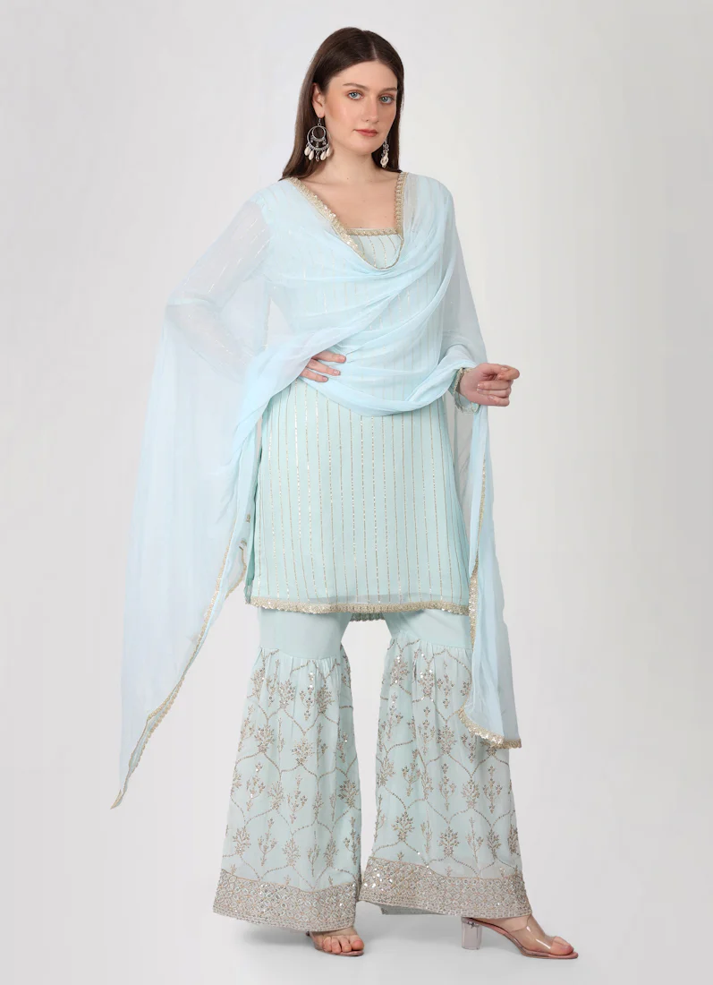 Light Blue Zari Embroidered Gharara Suit Set - Image 3