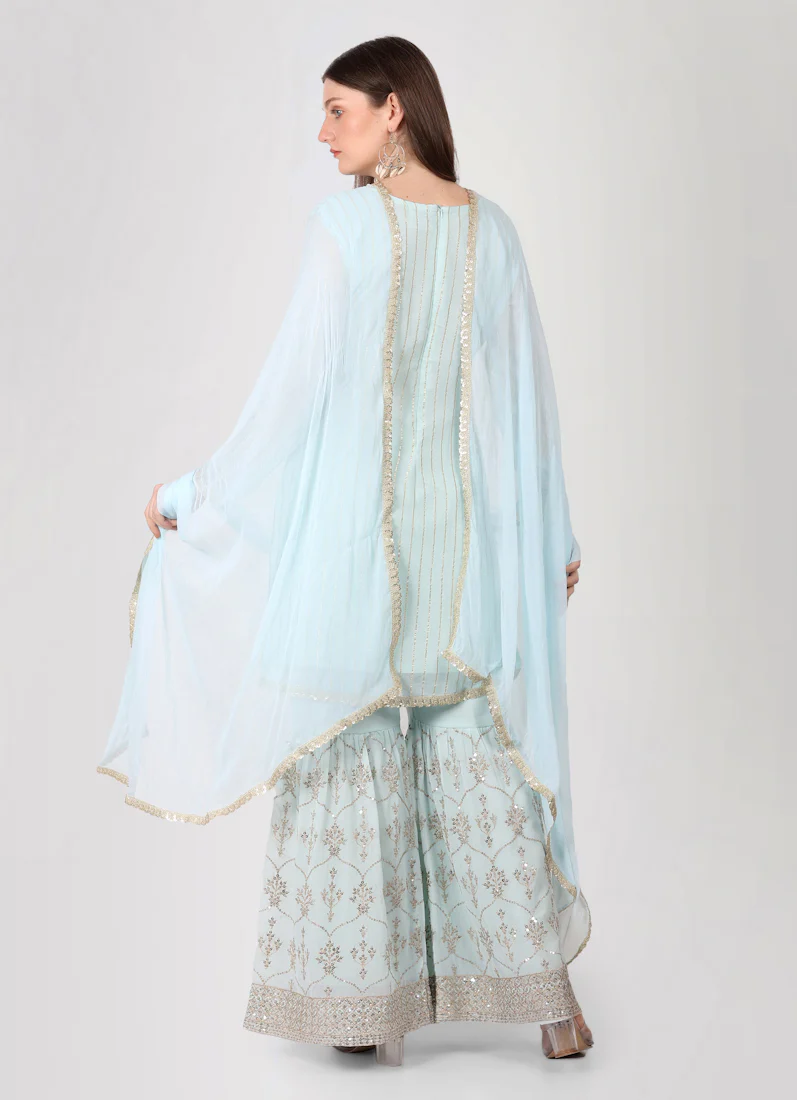 Light Blue Zari Embroidered Gharara Suit Set - Image 4