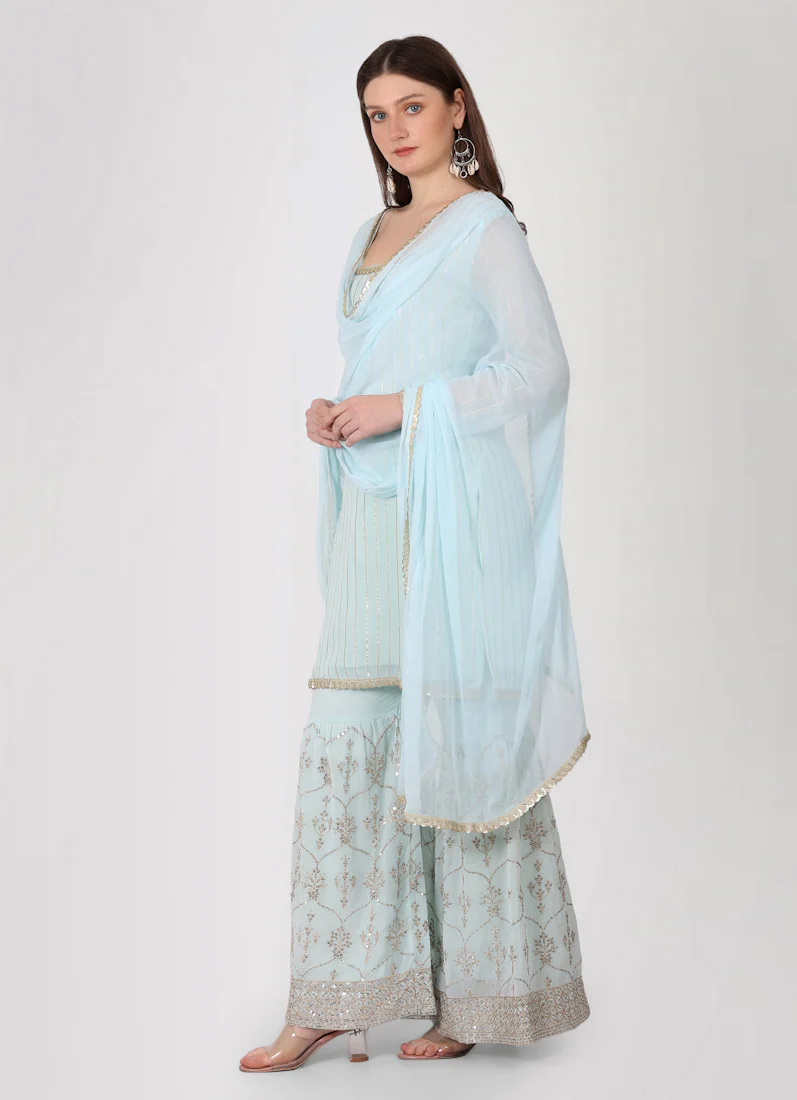 Light Blue Zari Embroidered Gharara Suit Set - Image 5