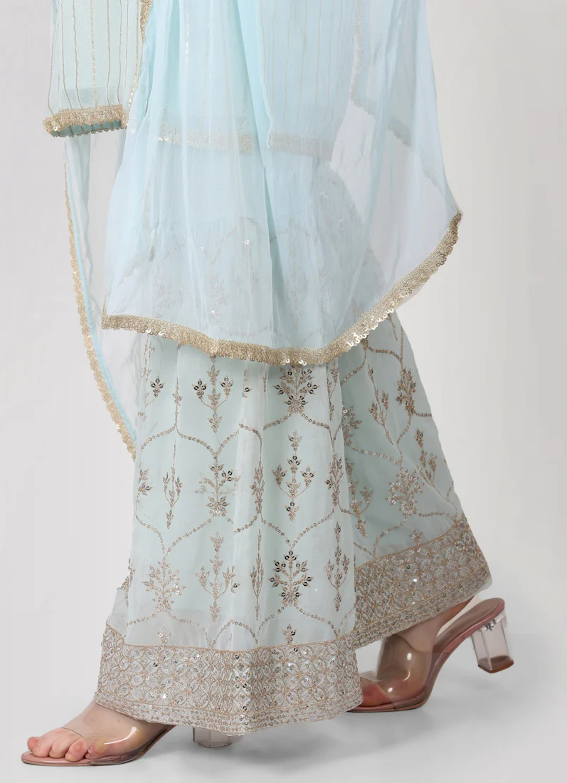 Light Blue Zari Embroidered Gharara Suit Set - Image 6