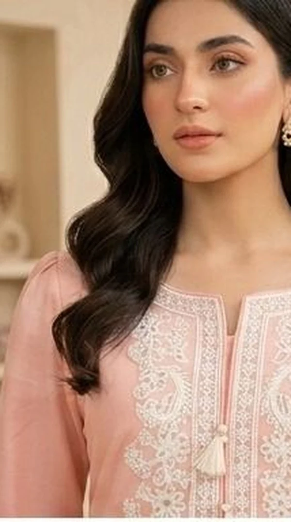 Light Pink Farshi Salwar Suit with White Embroidered Lace - Image 2