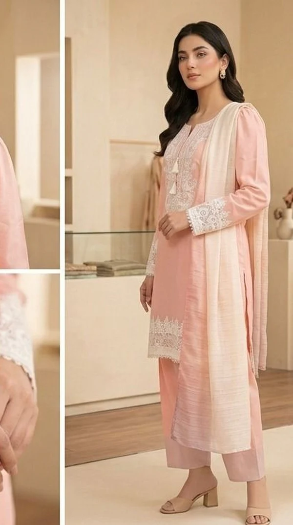 Light Pink Farshi Salwar Suit with White Embroidered Lace - Image 3