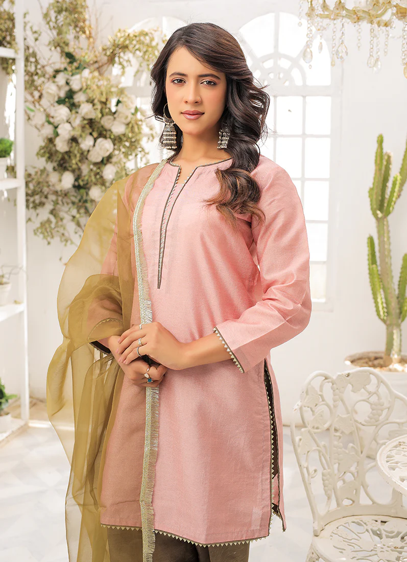 Pink-Mehendi Raw Silk Suit Set - Image 3