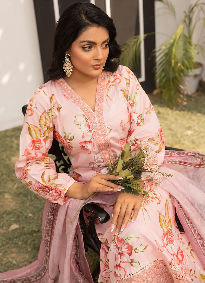 Light Pink Printed Lawn Embroidered Suit Set - Image 3
