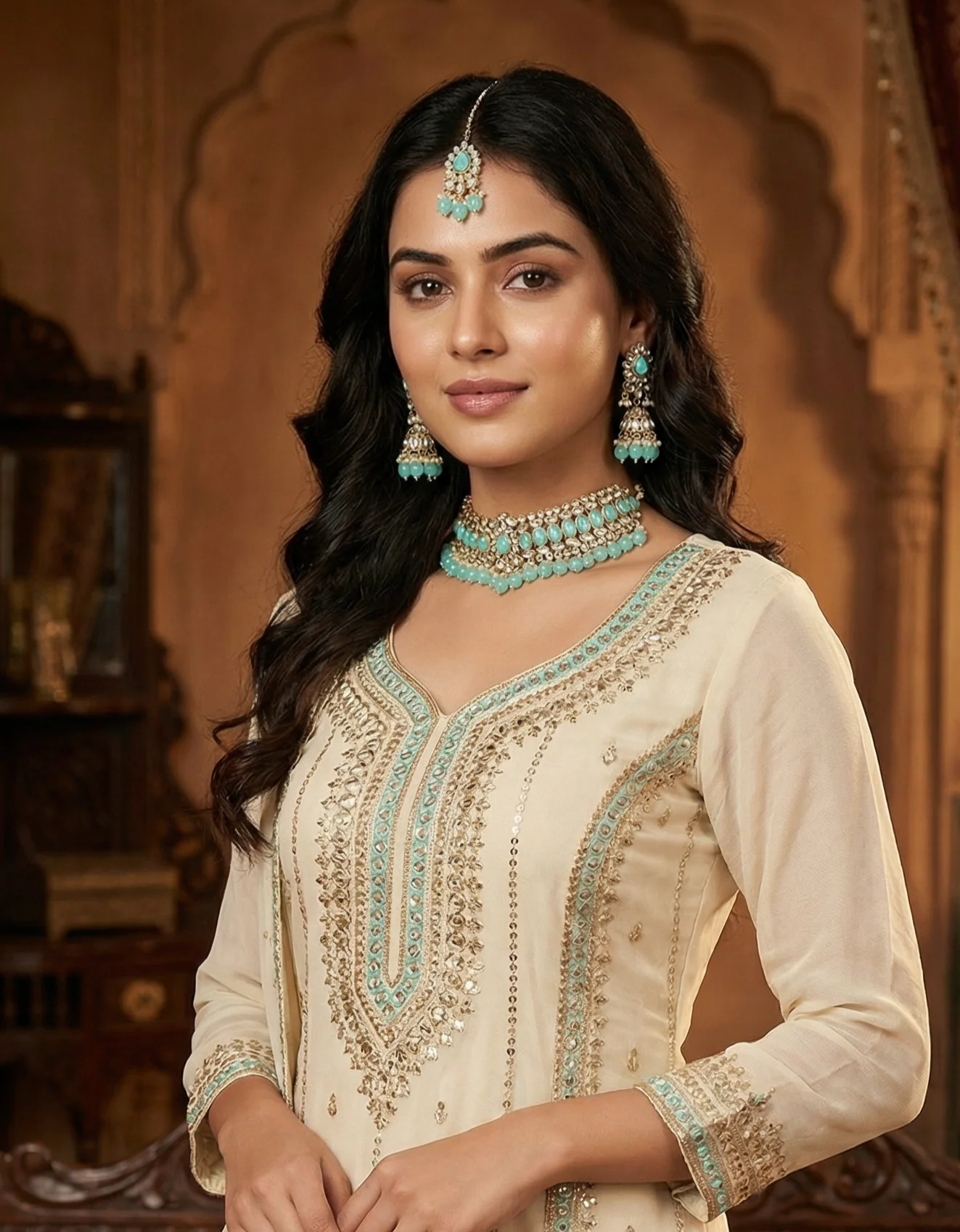 Light Sea Blue Kundan Choker Set - Image 2