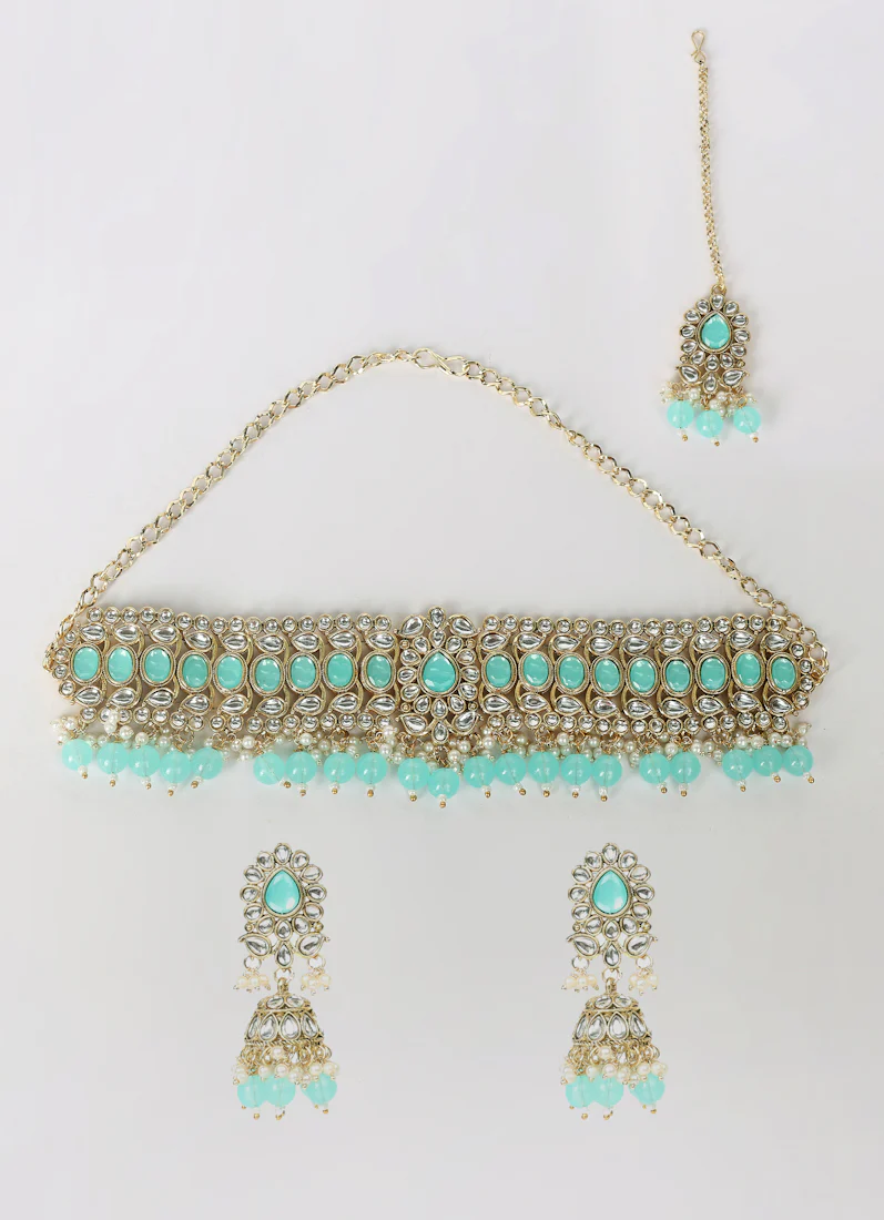 Light Sea Blue Kundan Choker Set - Image 3