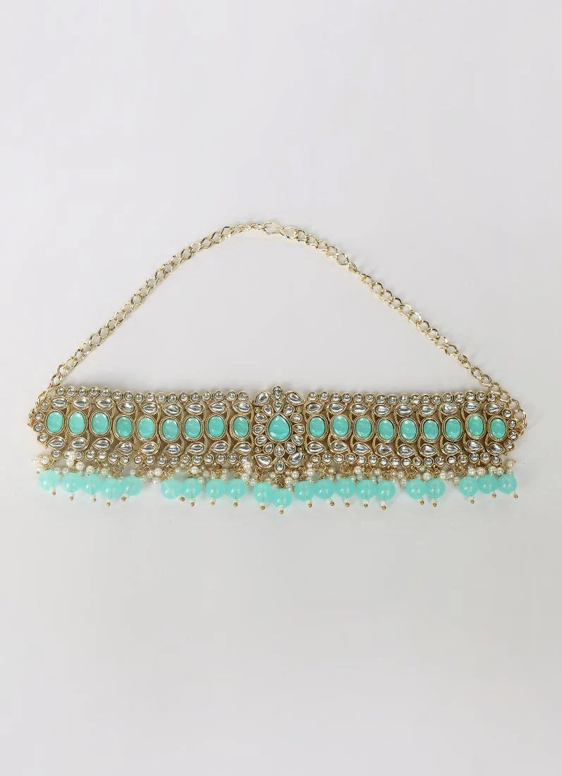 Light Sea Blue Kundan Choker Set - Image 5
