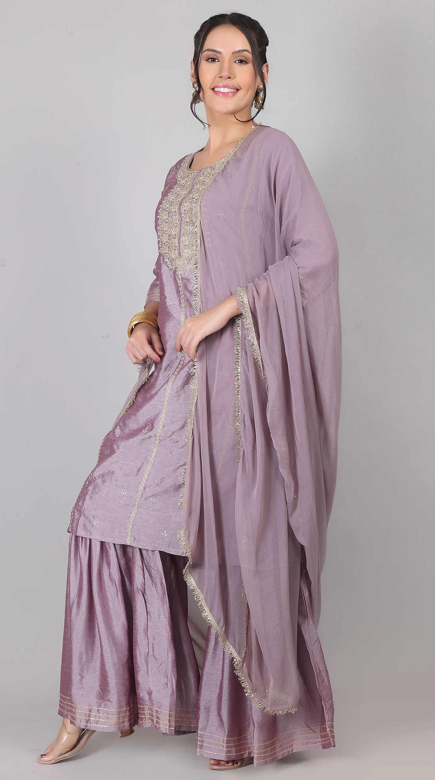 Lilac Georgette Vichitra Zari Embroidered Gharara Set with Dupatta - Image 2