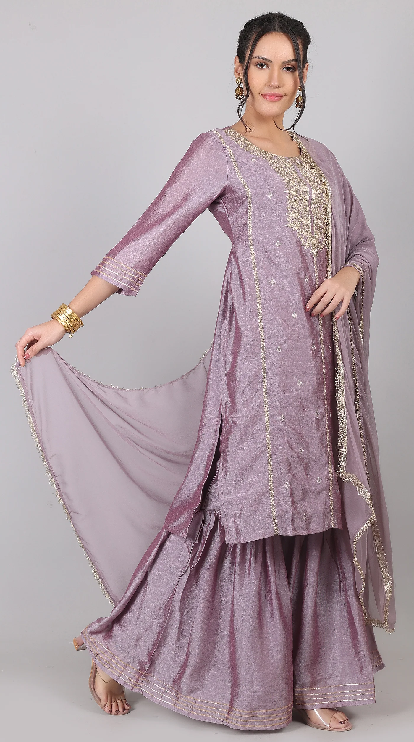 Lilac Georgette Vichitra Zari Embroidered Gharara Set with Dupatta - Image 3