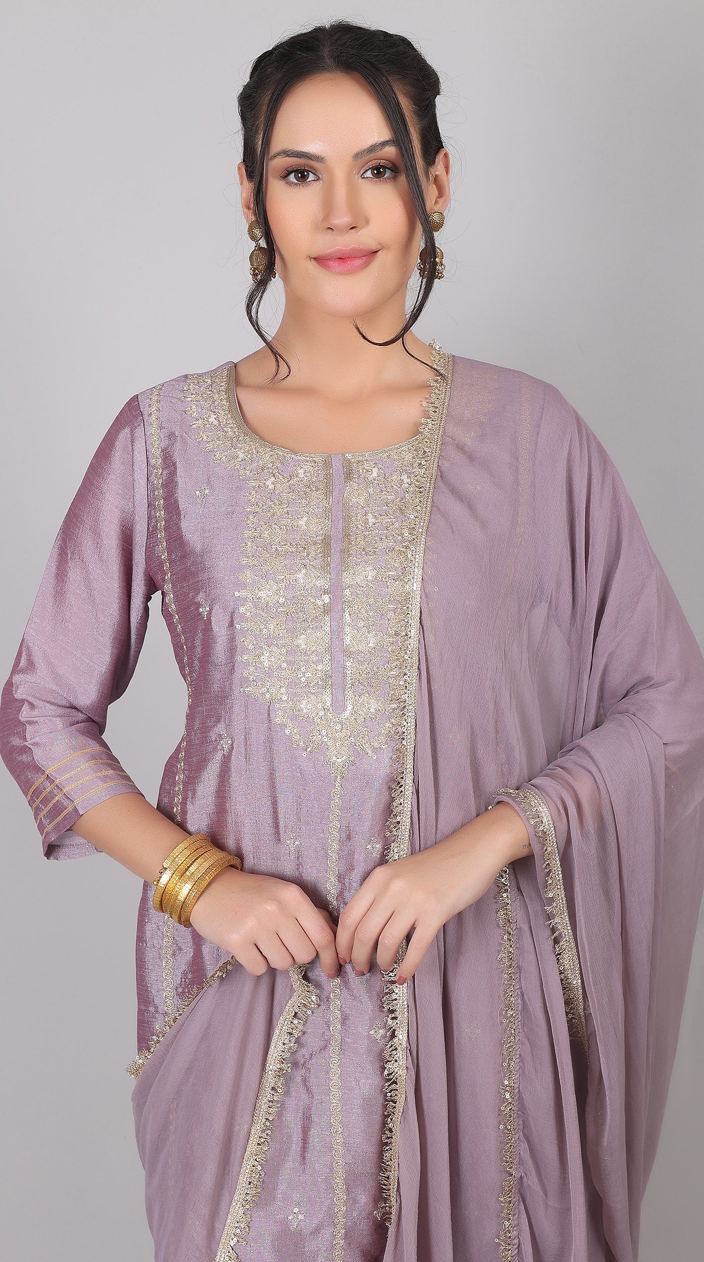 Lilac Georgette Vichitra Zari Embroidered Gharara Set with Dupatta - Image 6