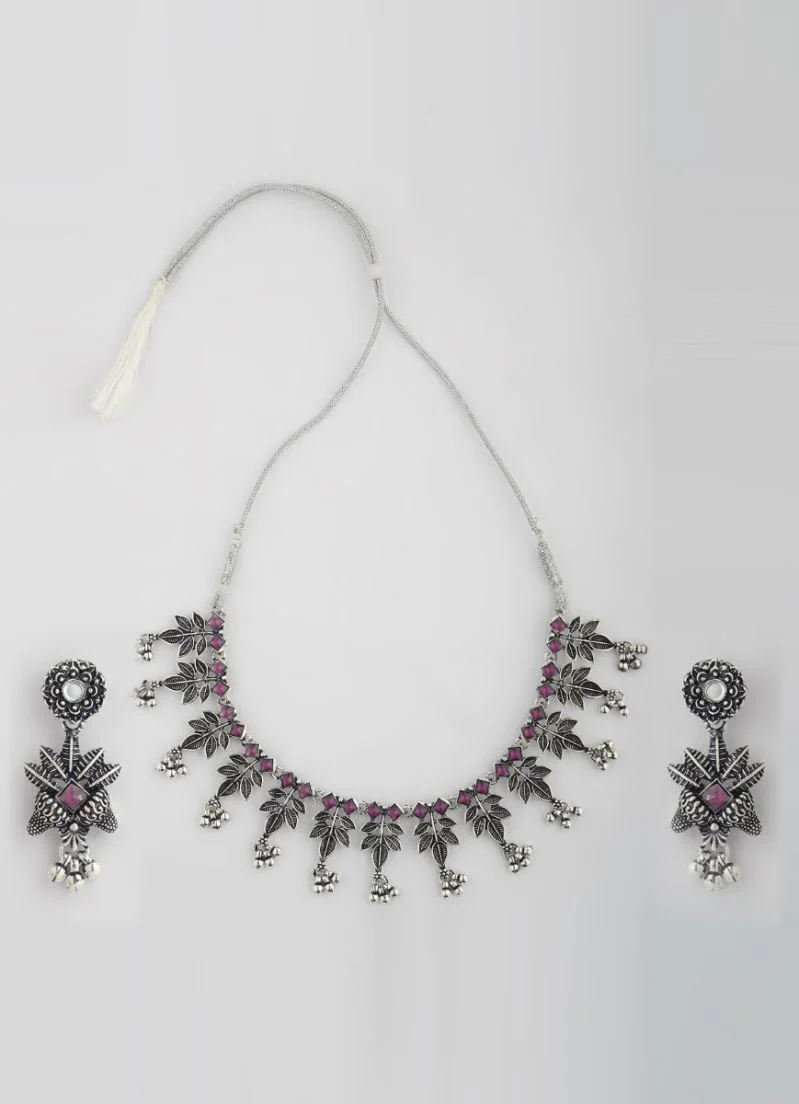 Lilac Oxidised Necklace with Earrings Set - Image 2