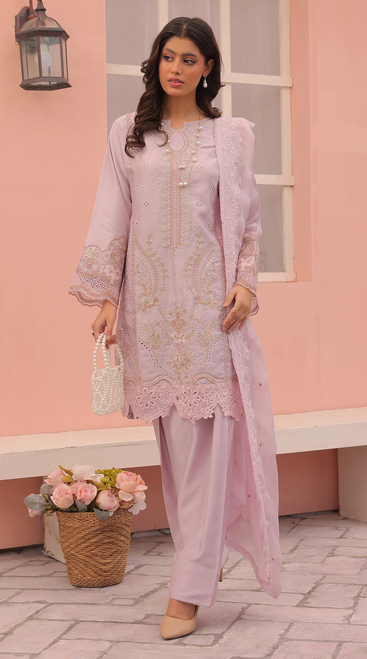 Lilac Sequin Embroidered Eid Suit with Farshi Salwar - Image 2