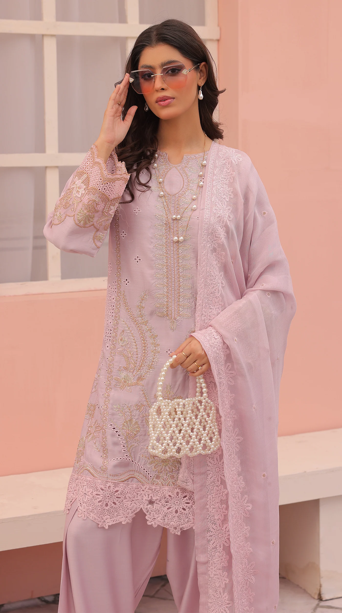 Lilac Sequin Embroidered Eid Suit with Farshi Salwar - Image 4