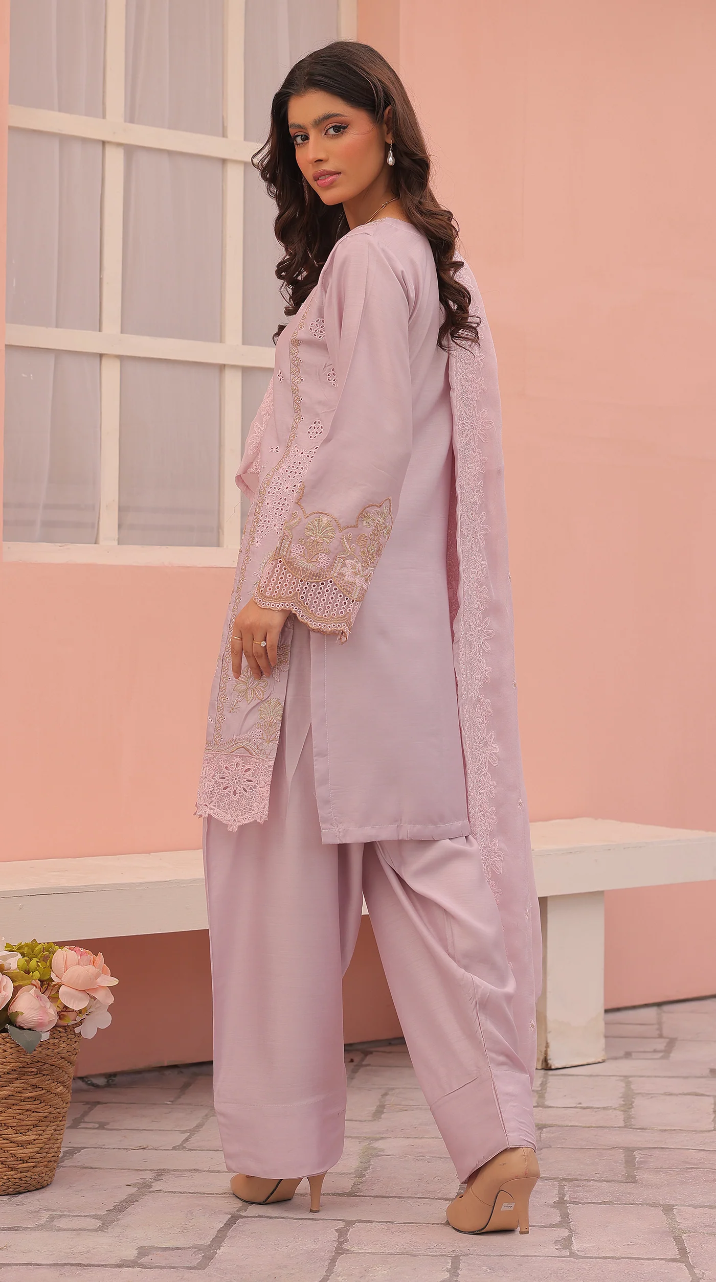 Lilac Sequin Embroidered Eid Suit with Farshi Salwar - Image 5