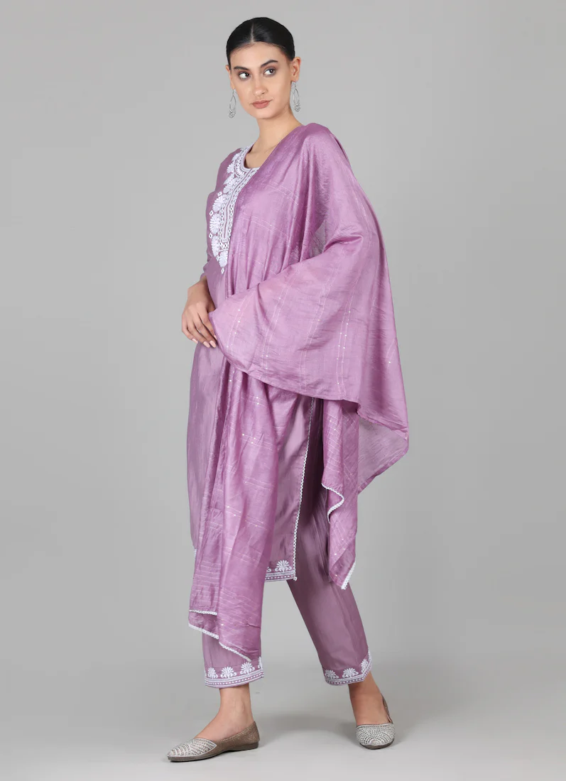 Lilac Silk Thread Embroidered Suit Set - Image 2
