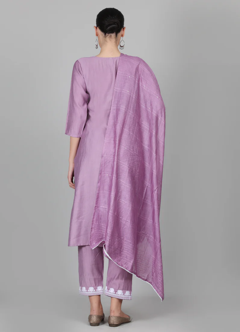 Lilac Silk Thread Embroidered Suit Set - Image 6